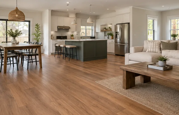 Open kitchen, dining and living area with continuous LVP flooring