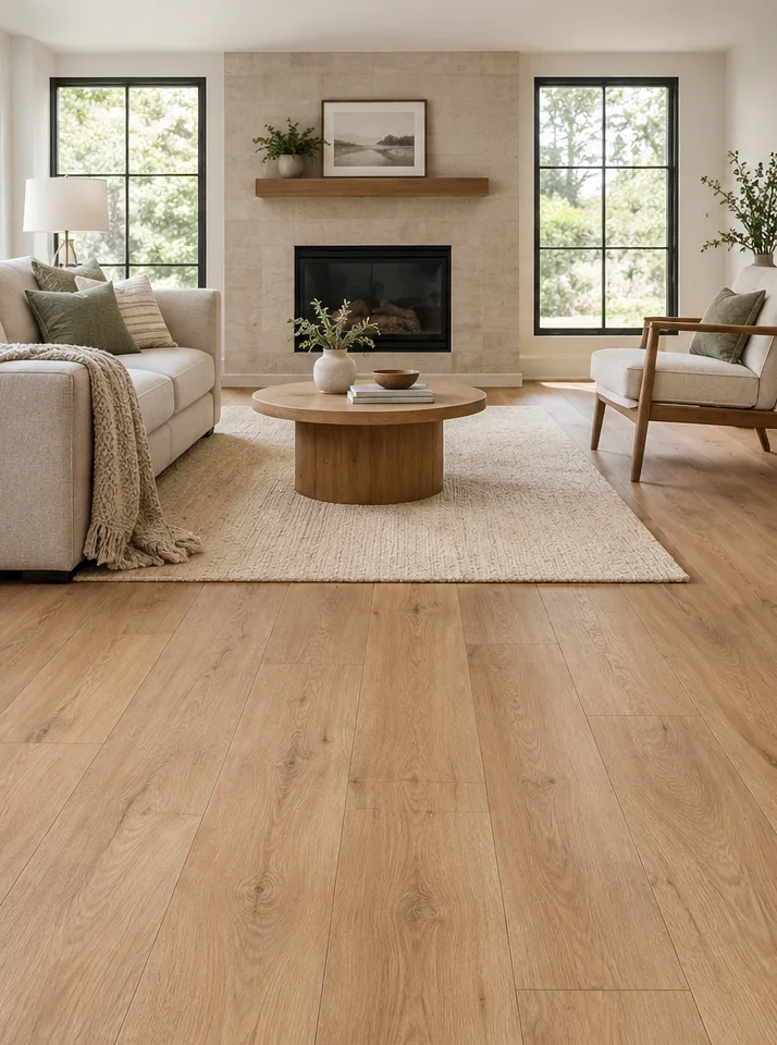 Living room with wood-look LVP flooring installed by Flooring For All